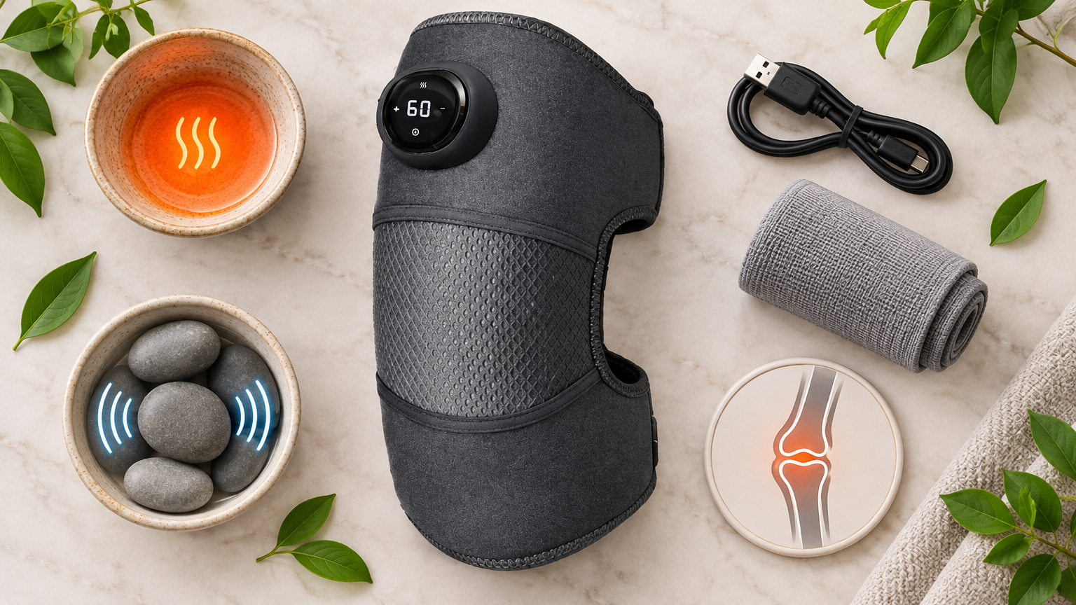 Glokore Knee Massager flat-lay with therapy elements: heat, vibration, compression and charging cable