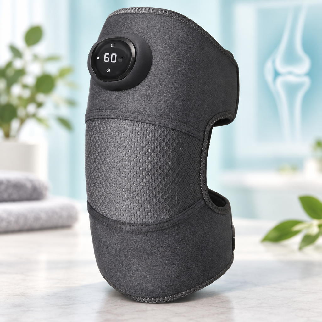 Glokore Knee Massager with dark grey fabric, patella opening and electronic control panel
