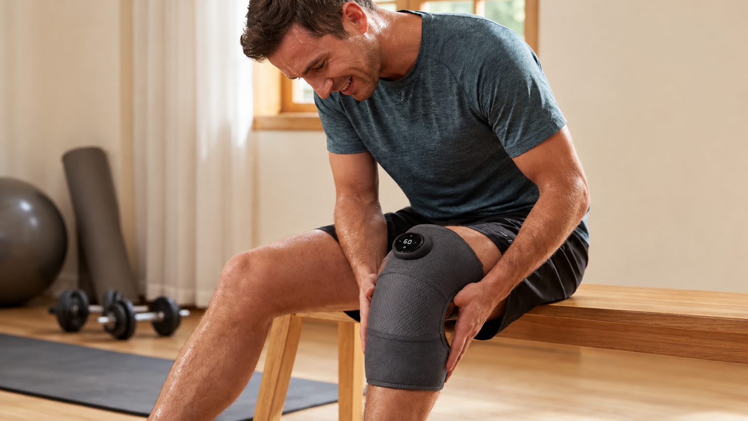 A man wearing the Glokore Knee Massager on his knee after a workout, sitting on a bench in a gym