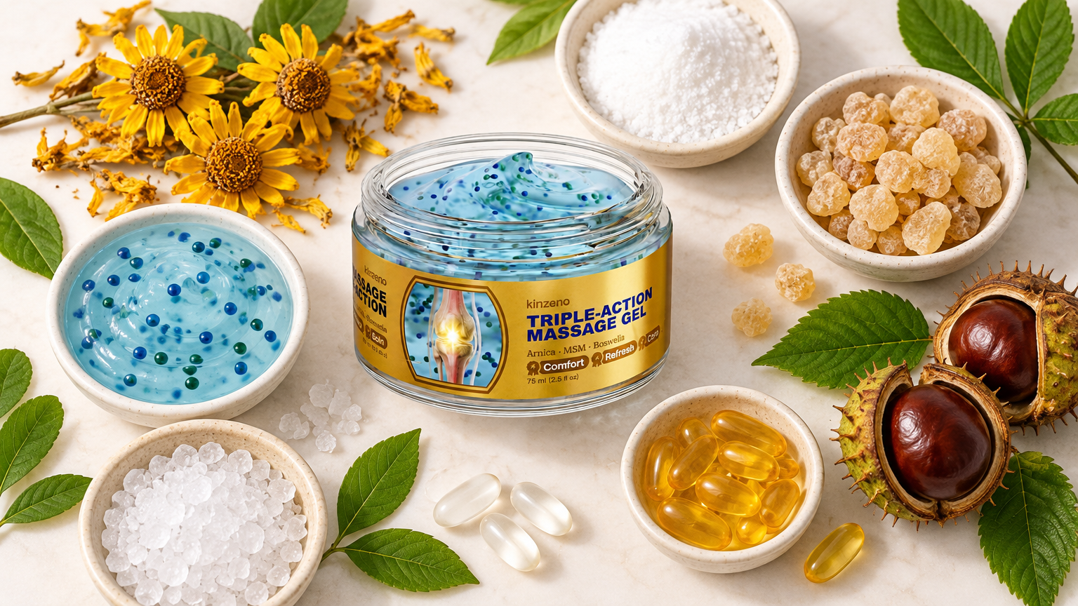 Kinzeno Massage Gel Inhaltsstoffe Flat-Lay: Arnica, MSM, Boswellia, Magnesium, Rosskastanie und B-Komplex
