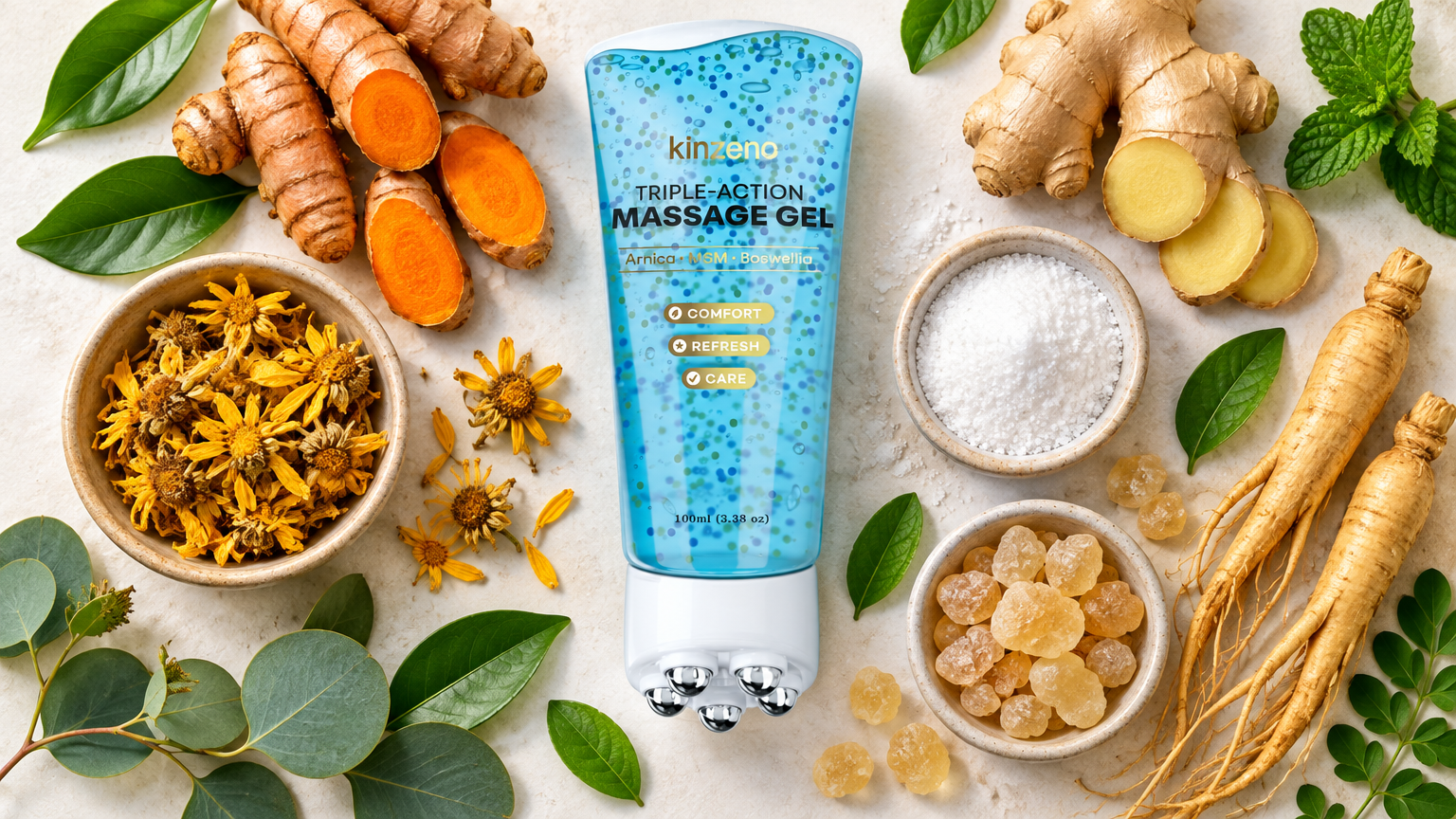 Kinzeno Magnetic Gel Roller ingredients flat-lay: turmeric, ginger, ginseng, arnica, MSM and Boswellia