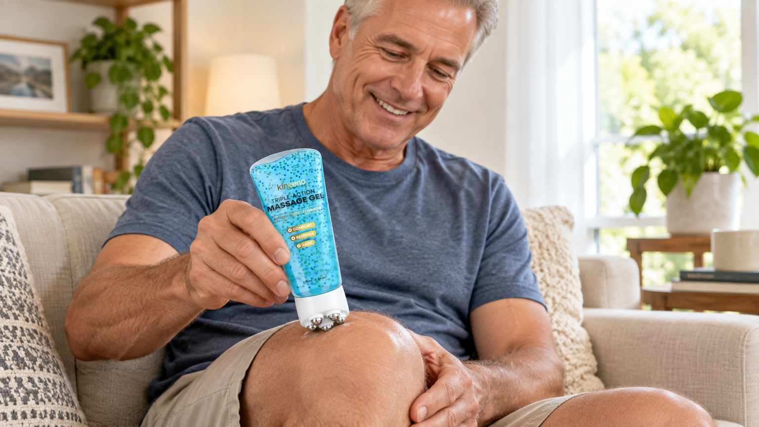 Man using the Kinzeno Magnetic Gel Roller on his knee at home
