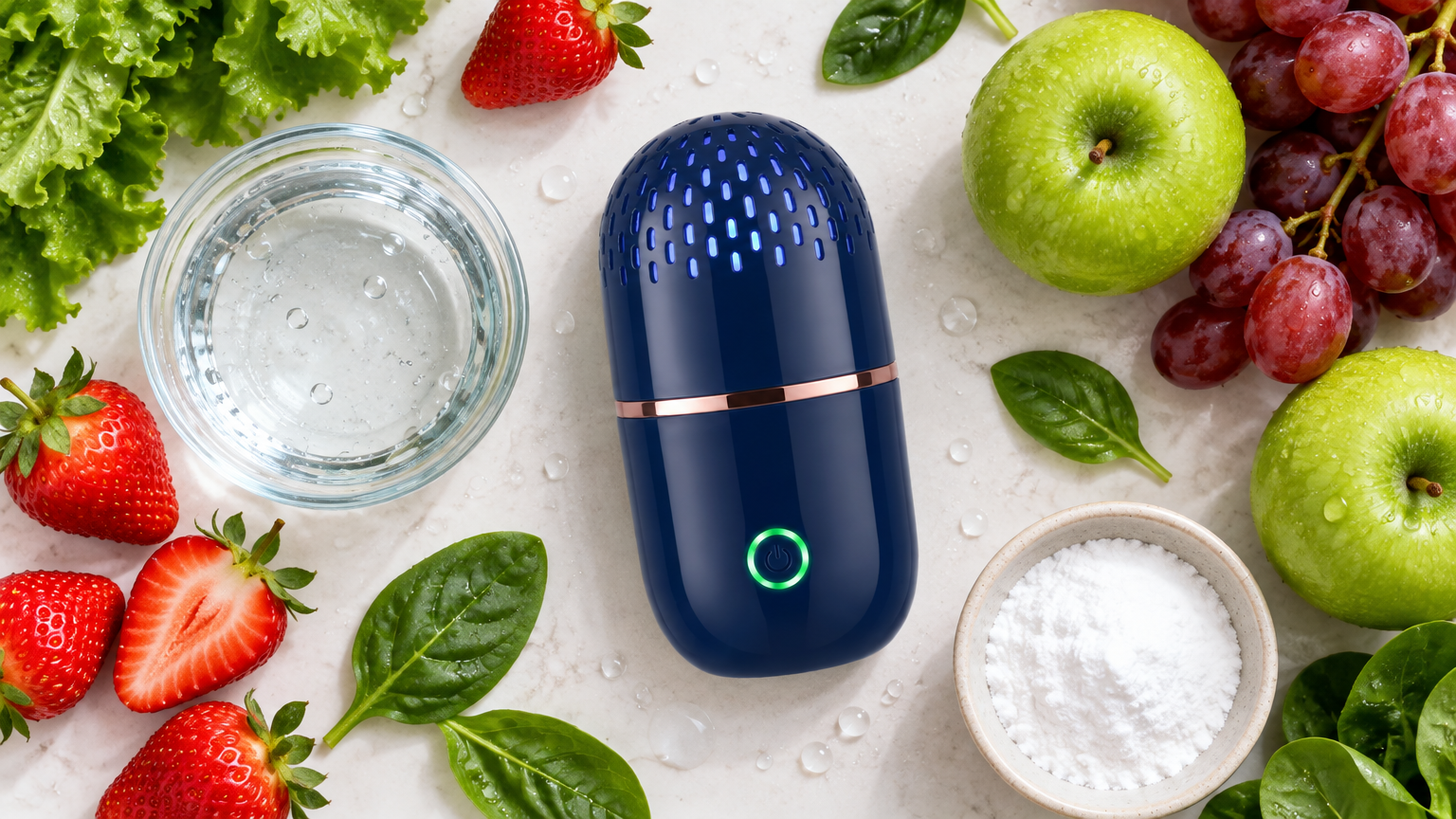 PodBloom Flat-Lay umgeben von frischem Obst und Gemüse