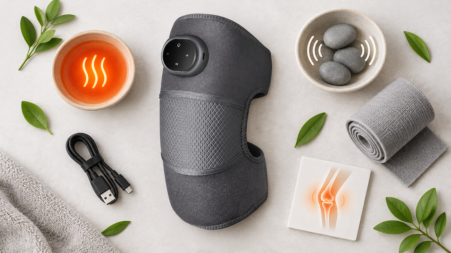 RecovrKnee flat-lay with therapy elements: heat, vibration, compression and charging cable
