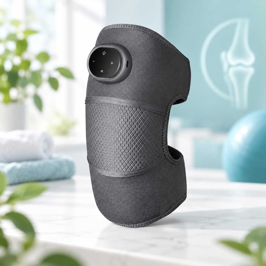 RecovrKnee therapeutic knee brace with dark grey fabric, patella opening and control panel