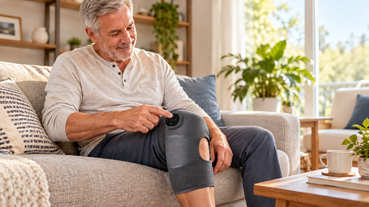 A man wearing the RecovrKnee brace on his knee while pressing the control panel at home