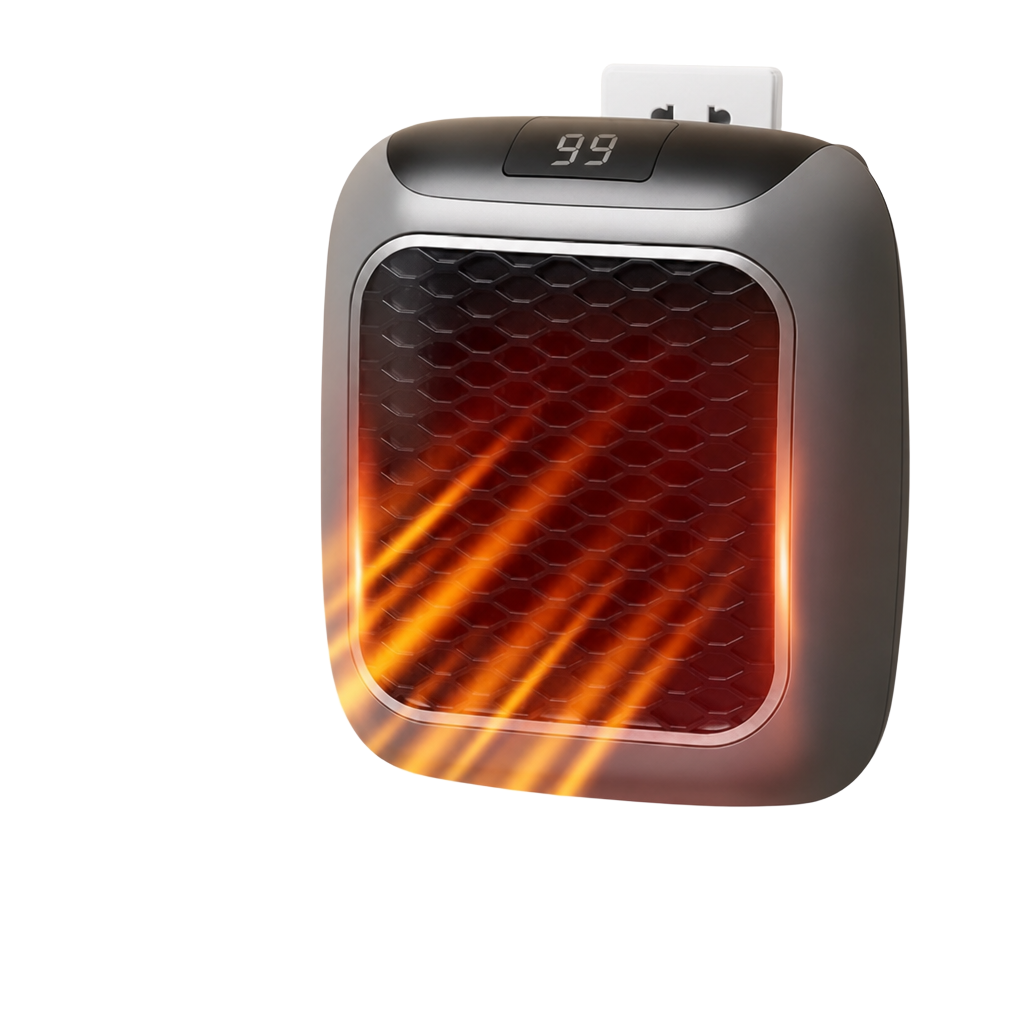 HeatMePro portable wall heater with ceramic PTC technology, grey casing with honeycomb grille and digital display