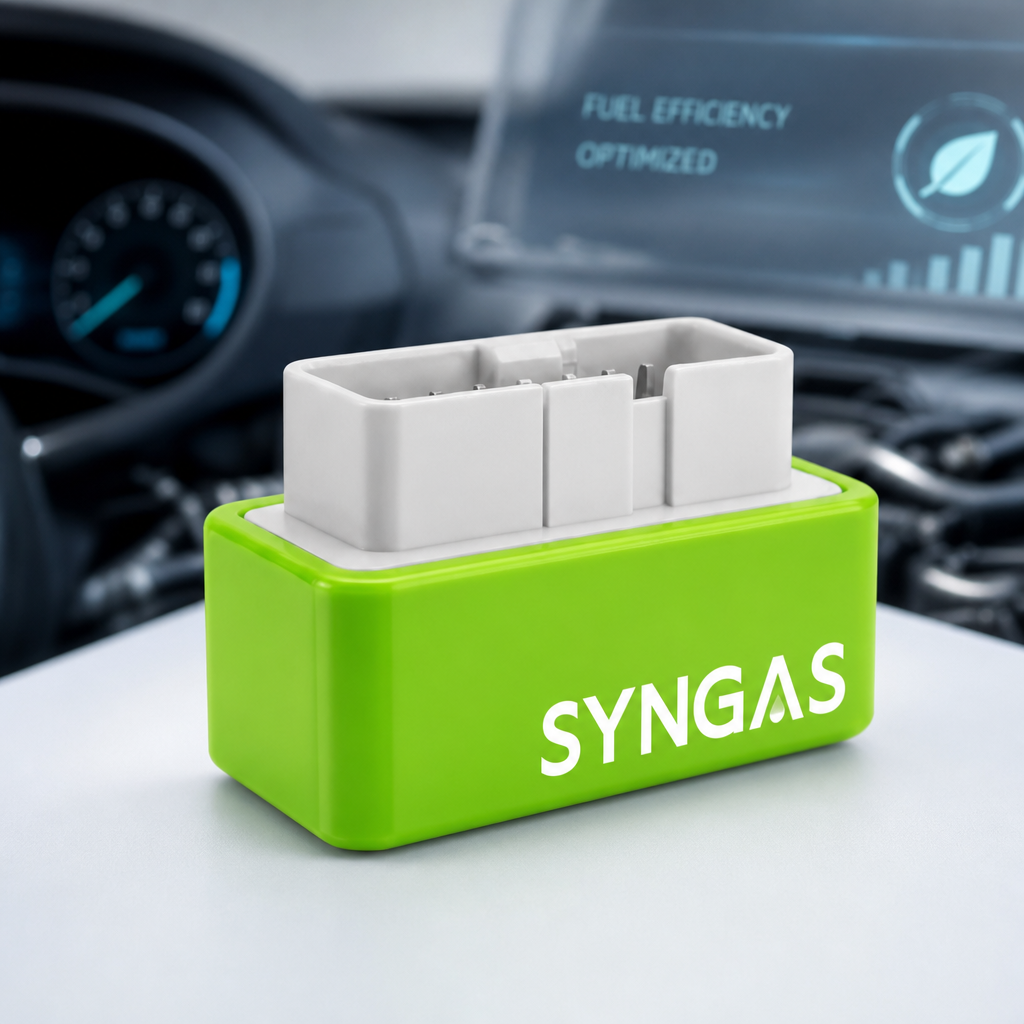 Syngas OBD2 fuel saver – green plug-in device for vehicle diagnostic port