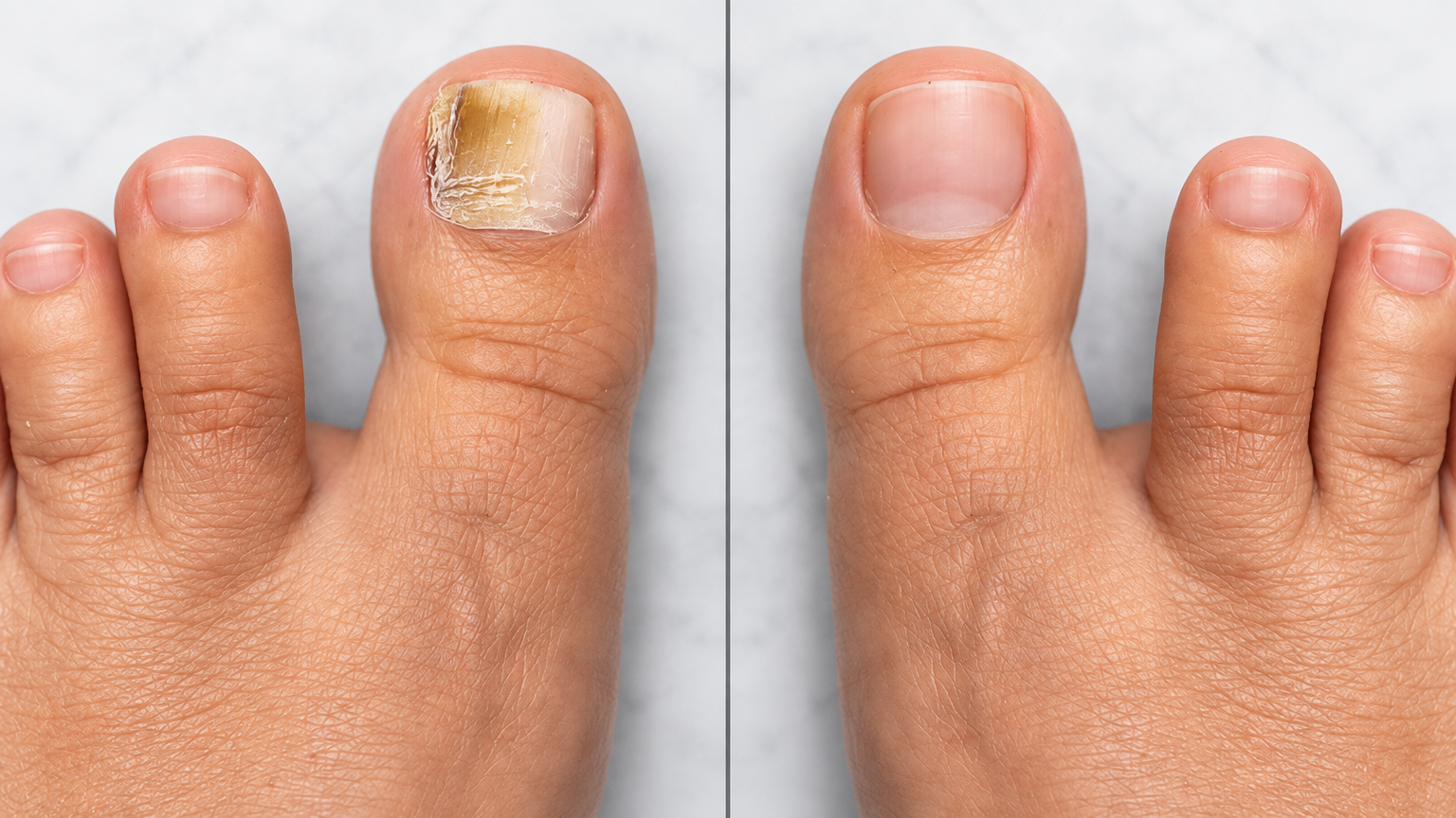 Fungabeam before and after - nail fungus treated to healthy clear nail