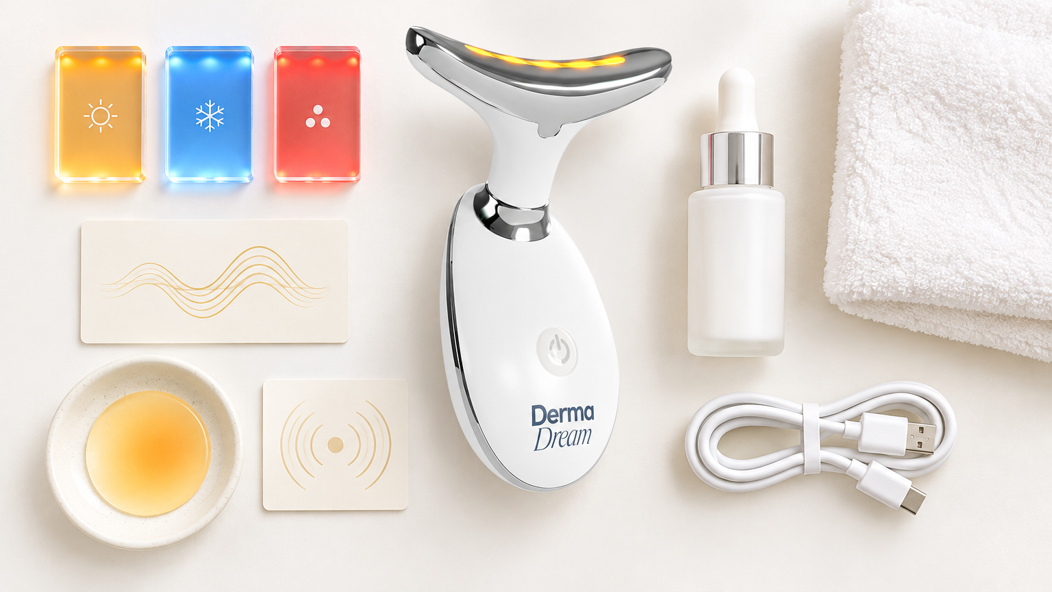 MyoGlow four functions flat lay with LED modes, microcurrent, thermal and sonic elements