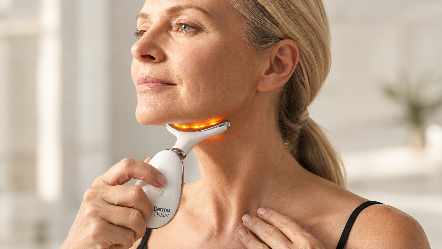 Woman using the MyoGlow device along her jawline and neck in front of the mirror
